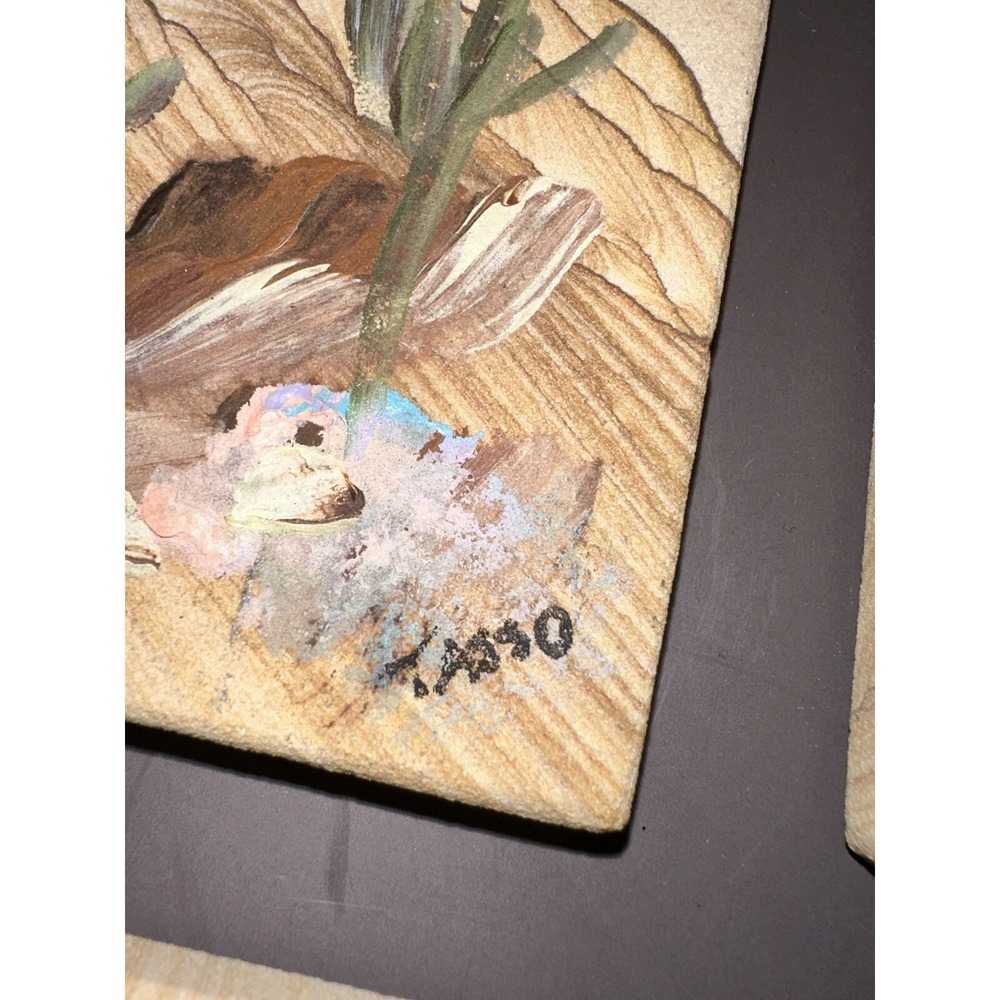 Sandstone Coaster Set Southwestern Signed Tasso Cactus Coyote Quail - Picture 6 of 7